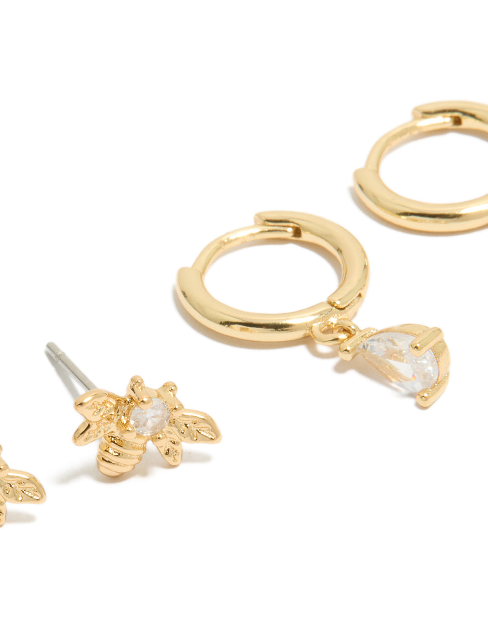 Exquisitely designed gold plated cubic zirconia bumblebee stud and huggie earrings 2-pack in huggie closure close up view