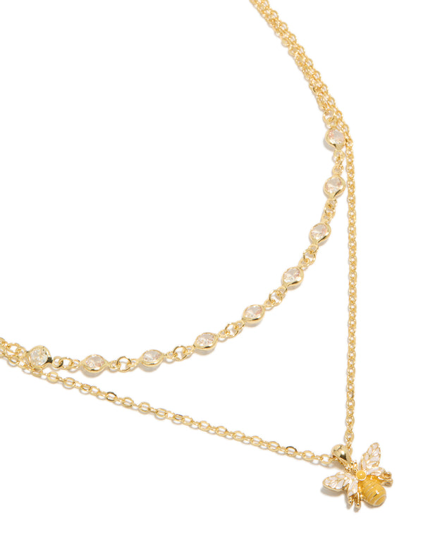 Gold Plated Cubic Zirconia & Enamel Bee Layered Necklace