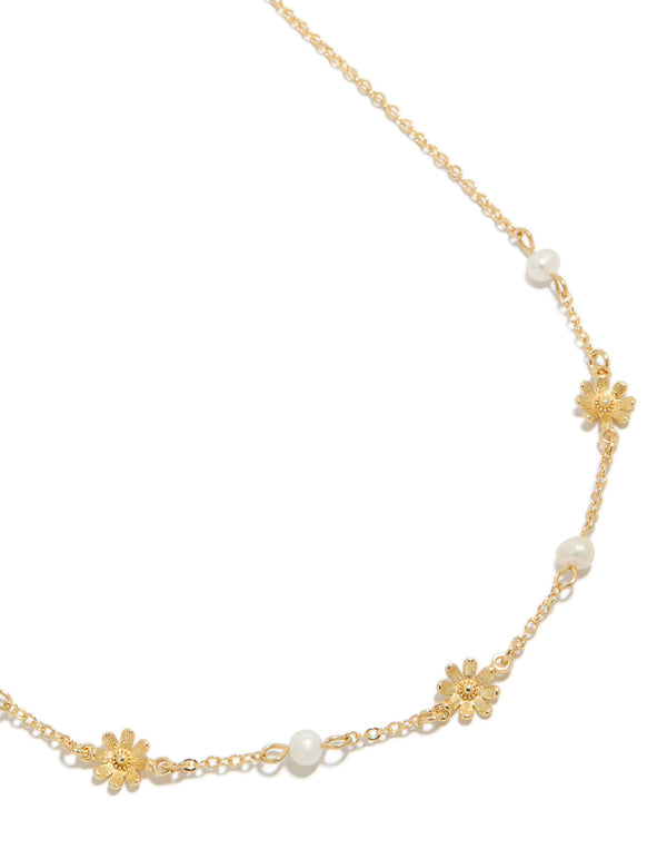 Gold Plated Pearls & Flower Charms Necklace