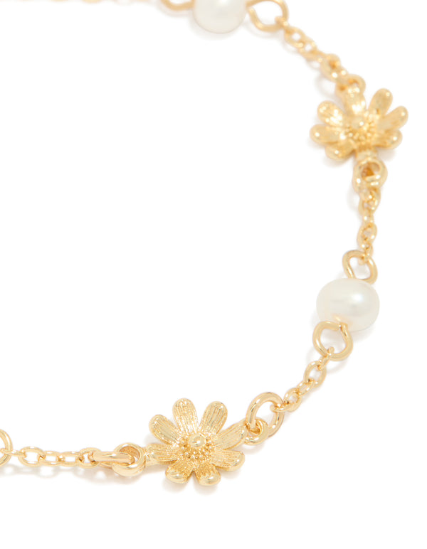 Gold Plated Freshwater Pearls & Daisy Charms Bracelet