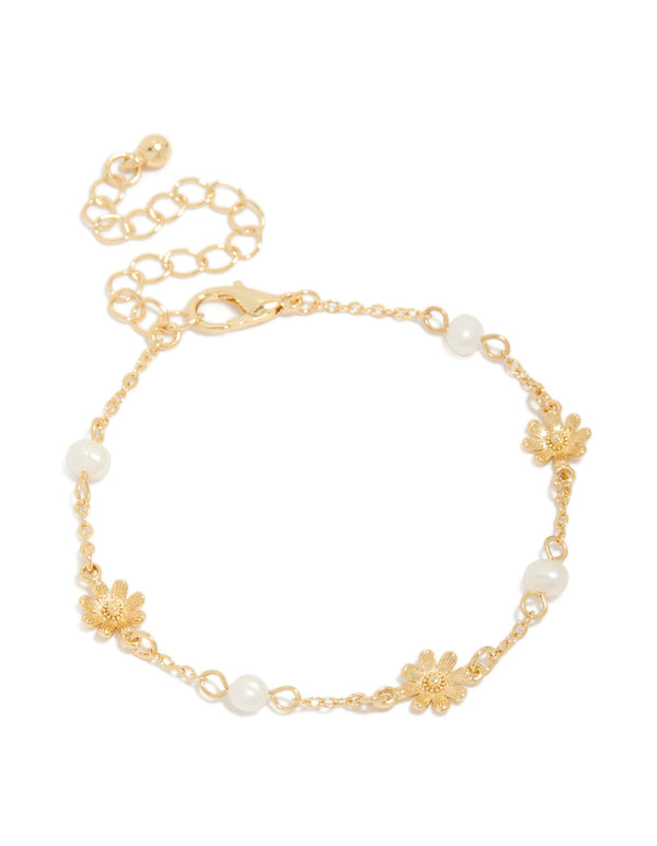Gold Plated Freshwater Pearls & Daisy Charms Bracelet