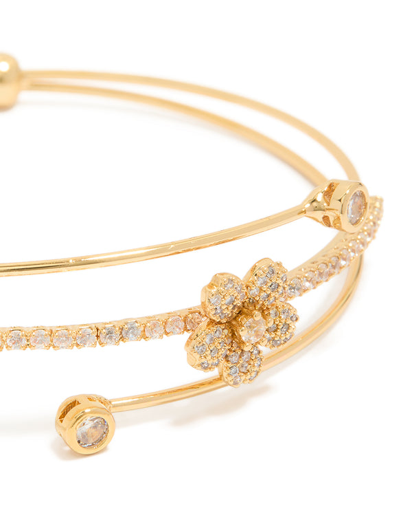 Gold Plated Cubic Zirconia Flower Wrist Cuff