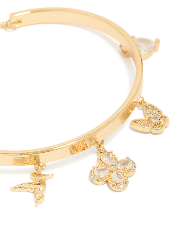 Gold Plated Cubic Zirconia Bird & Flowers Charm Toggle Bangle