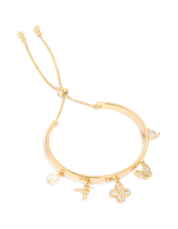 Gold Plated Cubic Zirconia Bird & Flowers Charm Toggle Bangle