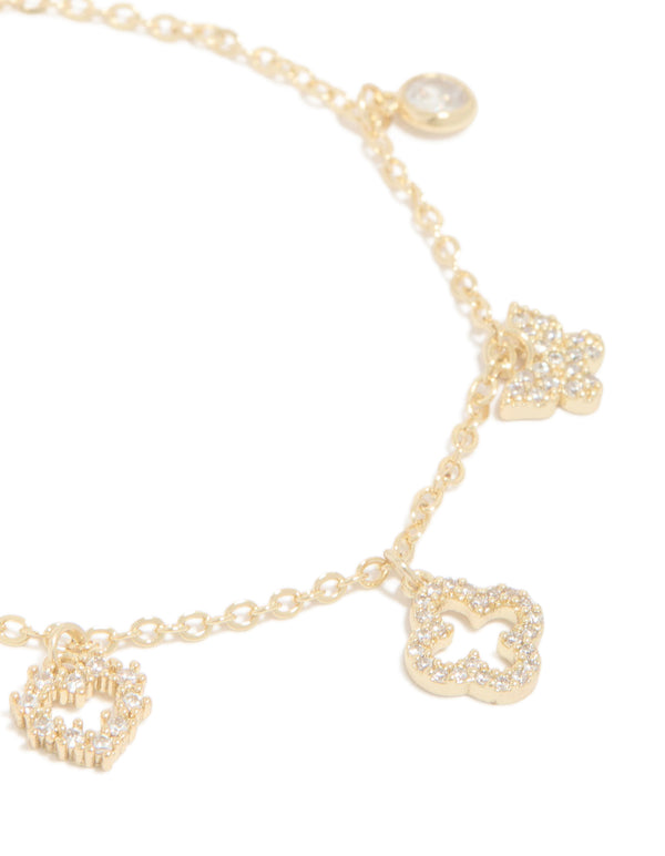 Gold Plated Cubic Zirconia Flower & Heart Charms Bracelet