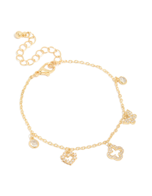 Gold Plated Cubic Zirconia Flower & Heart Charms Bracelet