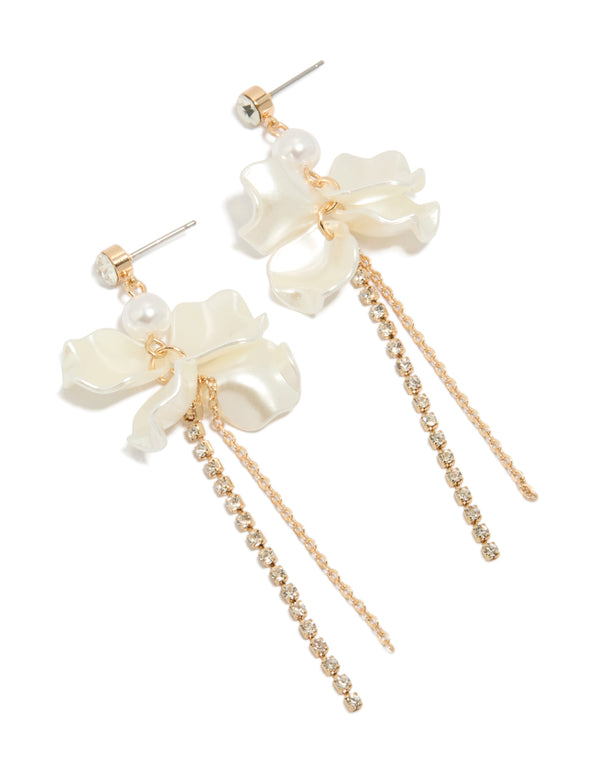 Gold Diamante & Pearl Floral Drop Earrings