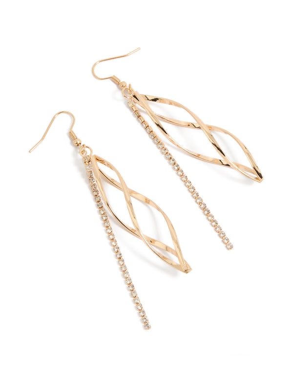 Showcasing gold twirl and diamante chain drop earrings with statement style front view