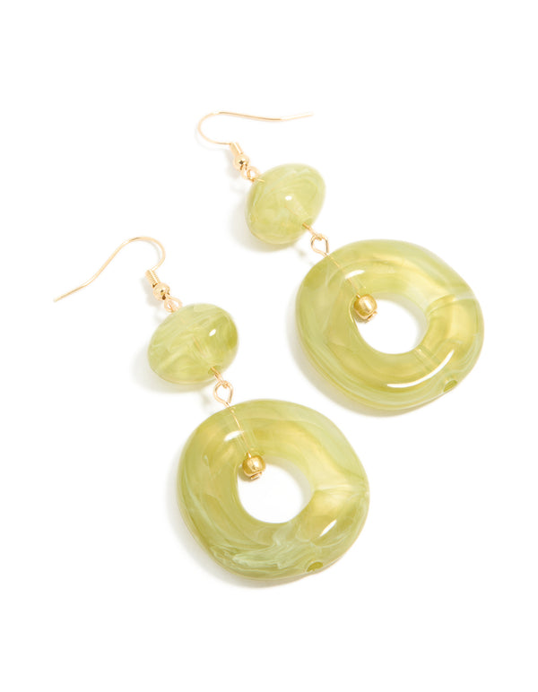 Showcasing gold green acrylic circle drop earrings front view