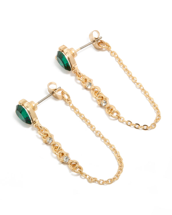 Gold Green Diamante Chain Stud Earrings