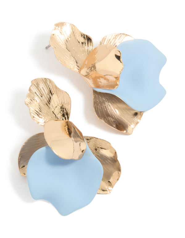 Showcasing statement half flower stud earrings in gold with pale blue front view