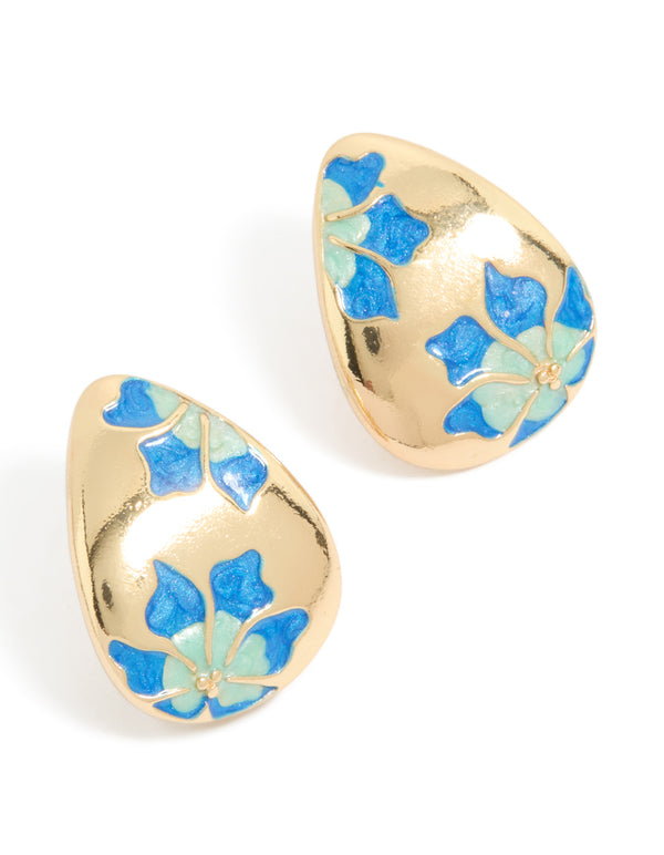 These gold painted blue flowers earrings with huggie closure front view