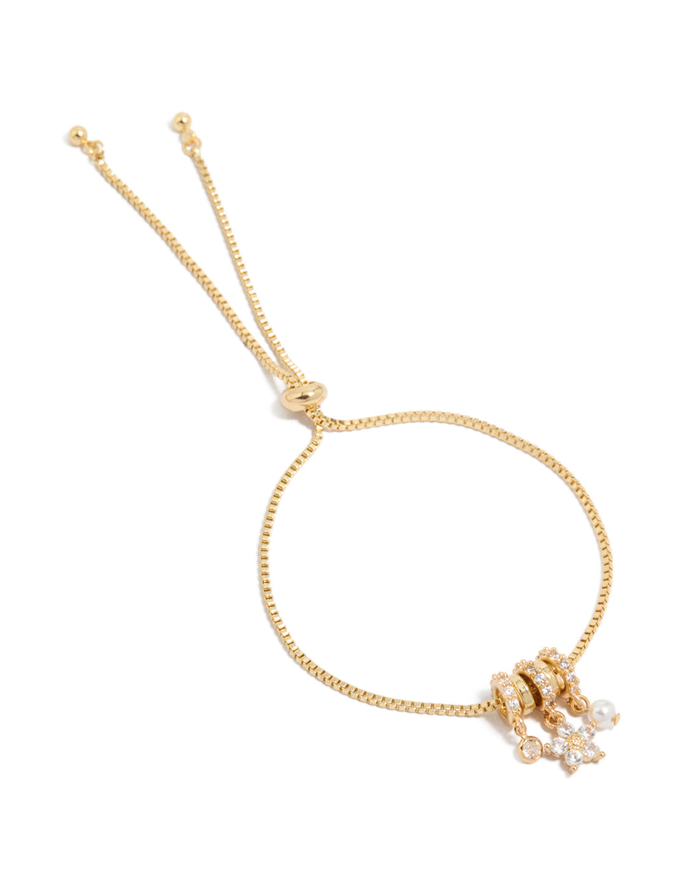 Beautifully crafted gold plated toggle bracelet featuring floral cubic zirconia charms and pearl rondell accents front view