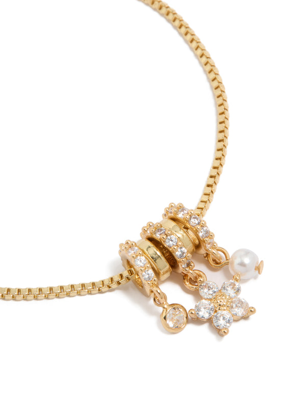 Gold Plated Cubic Zirconia Flower & Pearl Rondell Charms Toggle Bracelet