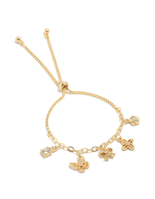 Gold Plated Diamante Butterfly Bow Charms Toggle Bracelet