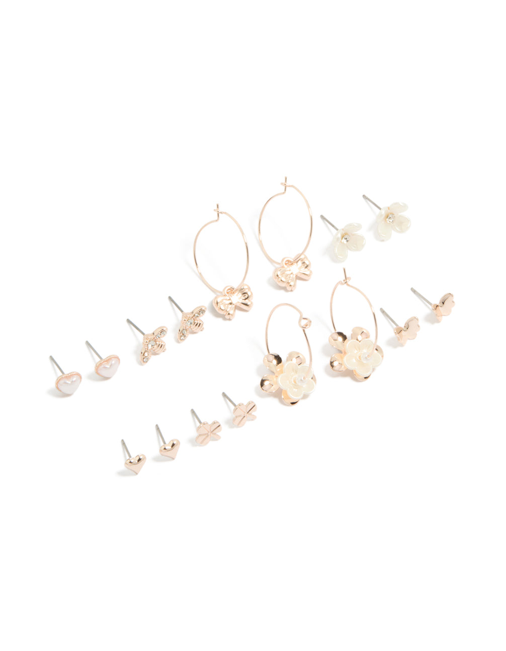 Discover rose gold pearlised flower and bee earrings 8-pack featuring motifs with bow, butterfly and pearl accents in ivory tones, stud and huggie closures front view