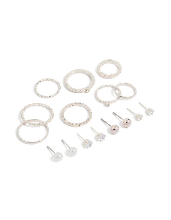 Silver Stud & Diamante Rings 12-Pack