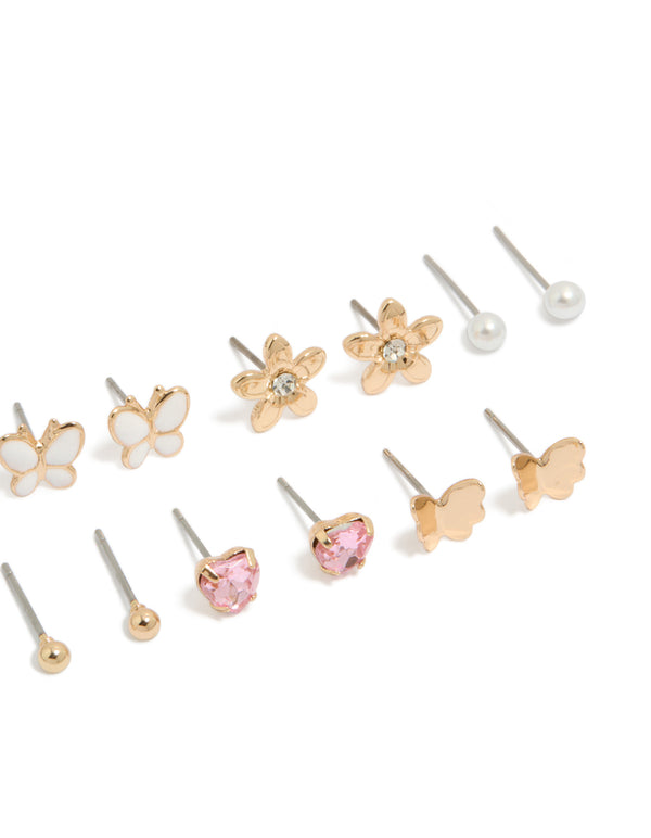 Gold Butterfly & Pearl Stud Earrings 7-Pack