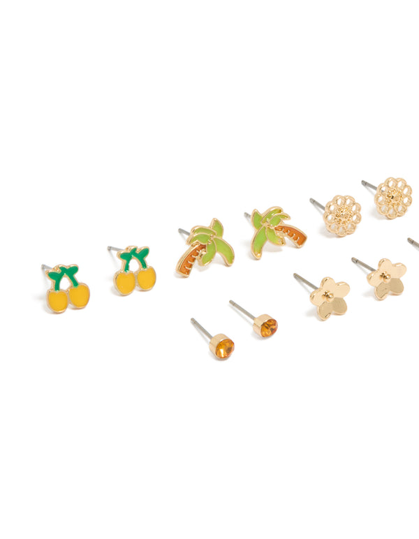 Gold Summer Stud Earrings 7-Pack