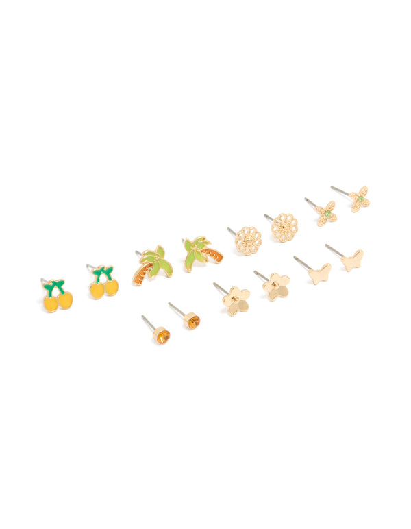 Gold Summer Stud Earrings 7-Pack