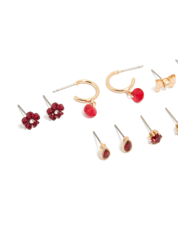 Gold Red Flower & Bow Earrings 7-Pack