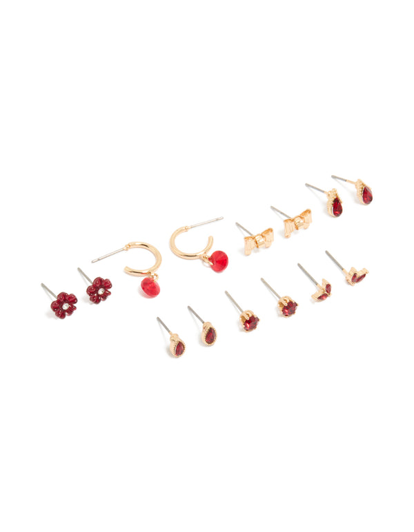 Gold Red Flower & Bow Earrings 7-Pack