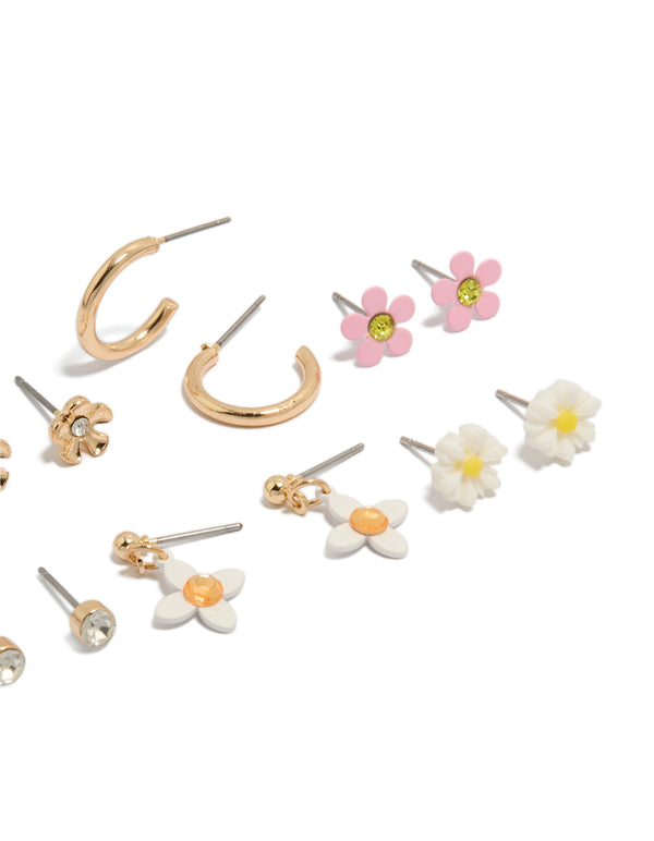 Gold Diamante & Floral Stud Earrings 8-Pack