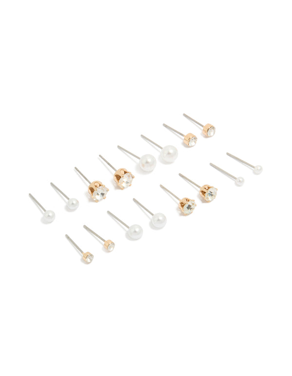 Gold Diamante Pearl Stud Earrings 8-Pack