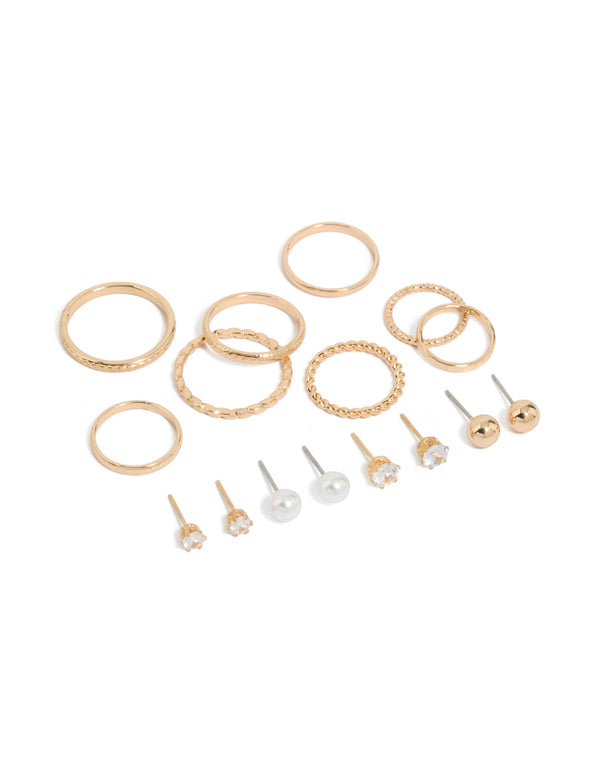 Gold Stud Earrings & Rings 12-Pack
