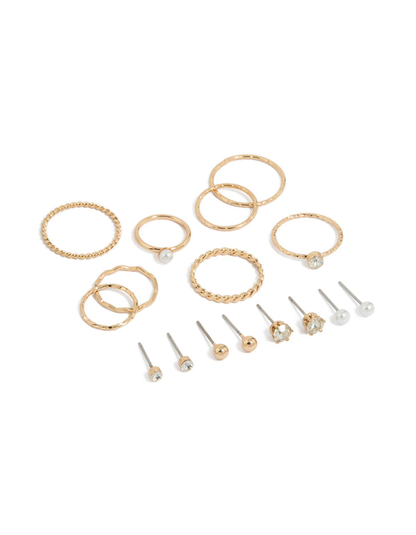 Gold Diamante Studs & Rings 12-Pack