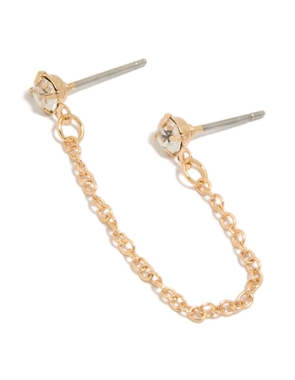 Discover the gold diamante and chain stud earring featuring a statement style with stud closure front view