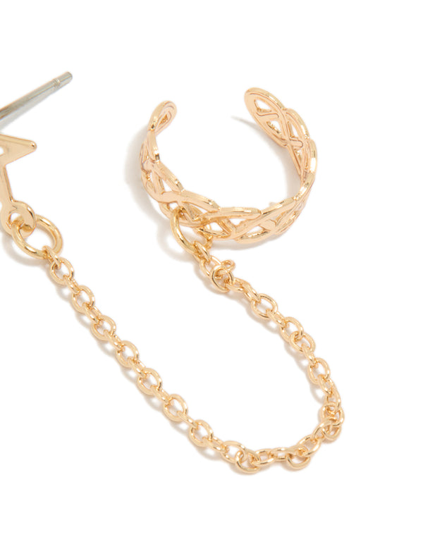 Showcasing the Gold Star Link Cuff & Stud Earring with celestial design post detail view