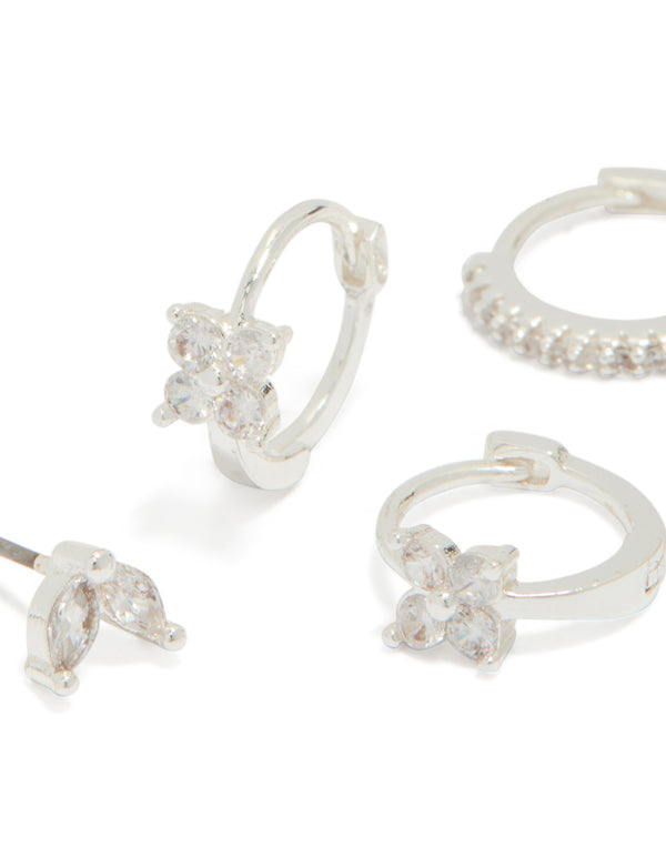 Silver Plated Flower Huggie & Leaf Stud Earrings 3-Pack
