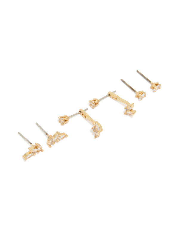 Gold Plated Cubic Zirconia Vine & Ear Jacket Studs 3-Pack