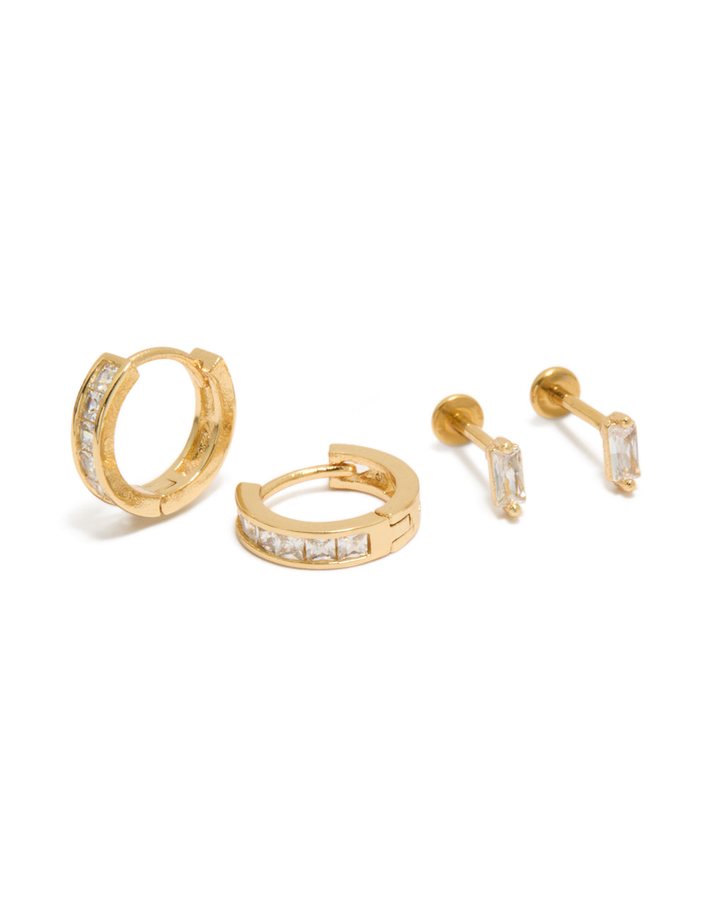 Showcasing dainty gold plated cubic zirconia baguette flat back studs and hoops pack, crystal embellishments, hoop and titanium closures front view