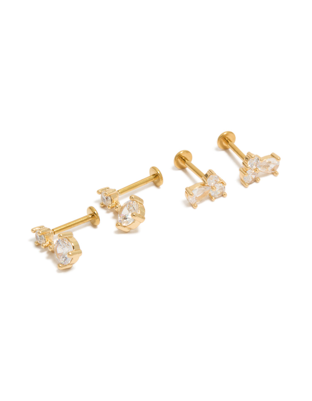 Showcasing gold plated cubic zirconia cluster flat back studs pack with oval stone cut and crystal features in titanium front view
