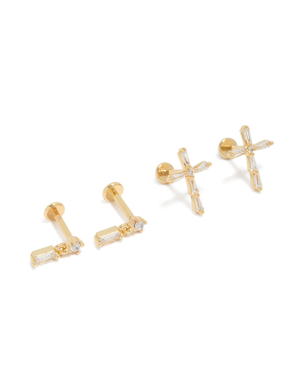 Discover dainty bar and cross studs with baguette stone cut in gold plated brass featuring flat back closure and 2-pack front view
