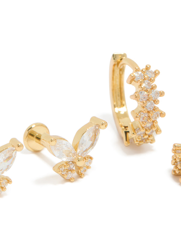 Gold Plated Brass Butterfly Flat Back Studs & Huggie Earrings Pack