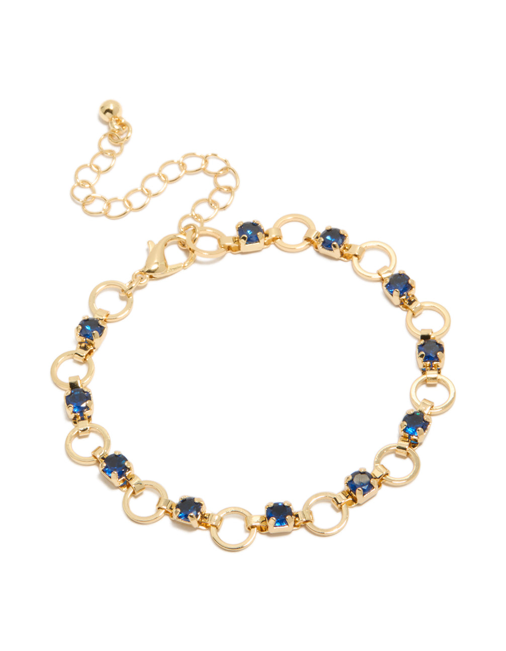 Presenting a gold plated blue cubic zirconia alternating round link bracelet featuring stone cut details and closure front view