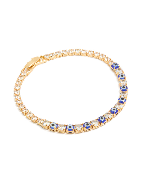 Beautifully crafted gold plated brass evil eye and cubic zirconia tennis bracelet front view