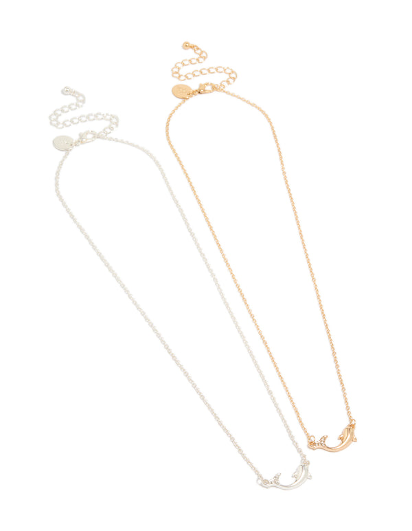 Discover mixed metal diamante dolphin necklaces in a 2-pack with ocean accents in gold and silver front view