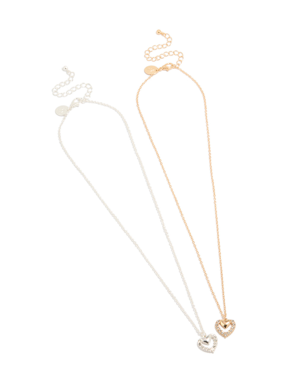 Elegant heart diamante pendant necklaces in gold and silver 2-pack set front view
