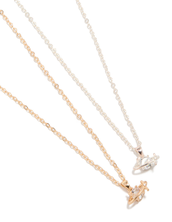 Discover mixed metal planet necklaces featuring celestial in gold and silver 2-pack close up view