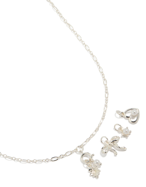 Silver Bow Heart Pearl Charm Necklace