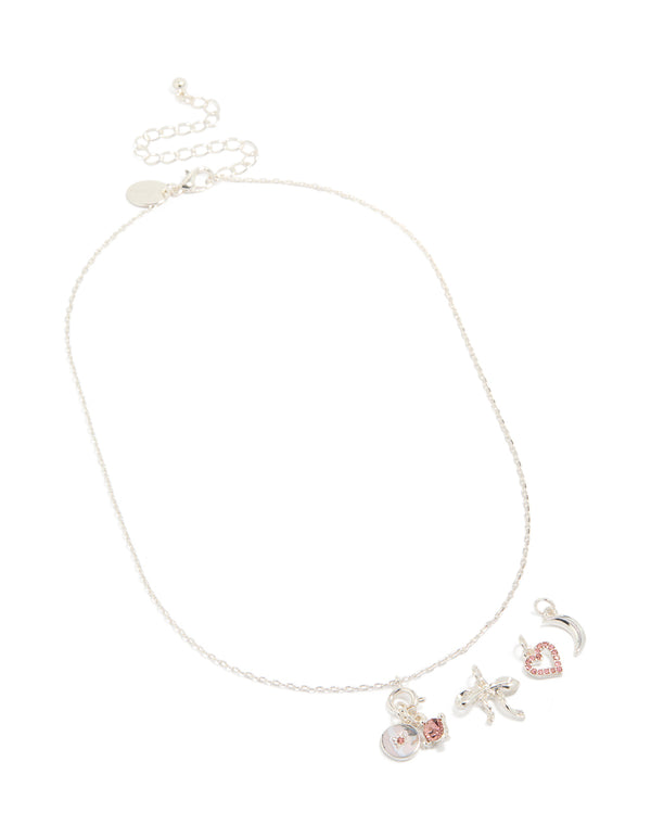 Silver Moon Bow & Heart Charm Necklace