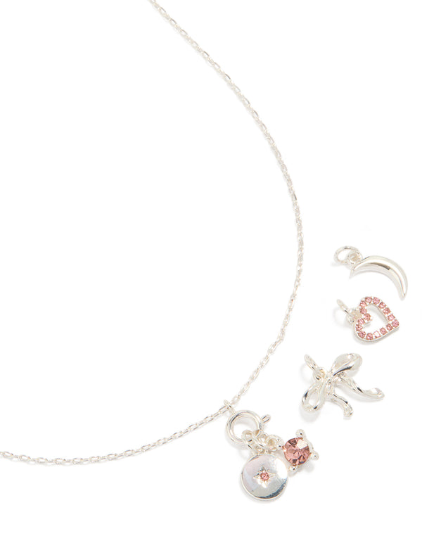 Silver Moon Bow & Heart Charm Necklace
