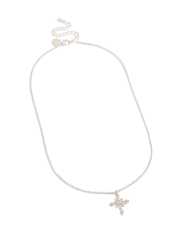 Silver Diamante Cross Pendant Necklace