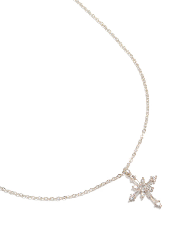 Silver Diamante Cross Pendant Necklace