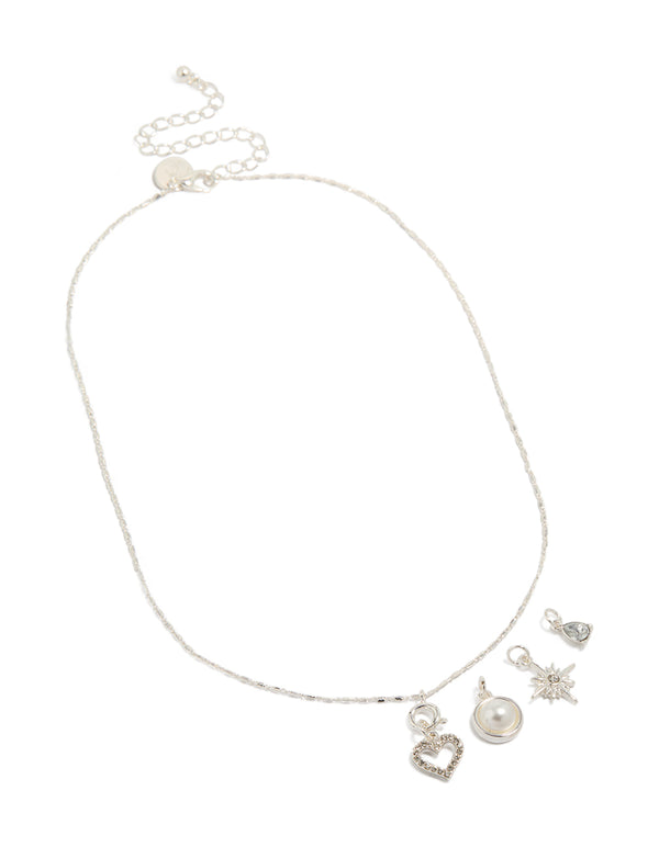 Silver Heart & Star Pearl Charm Necklace