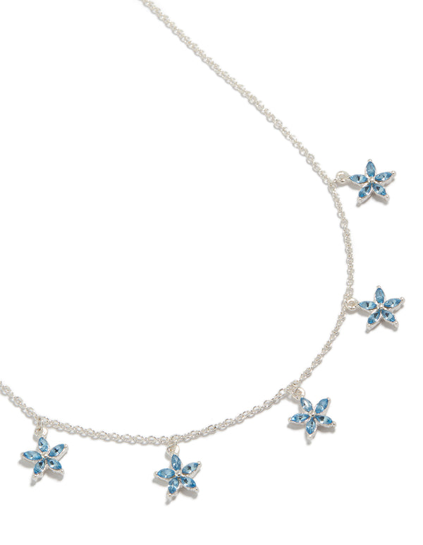 Silver Floral Blue Diamantes Charm Necklace